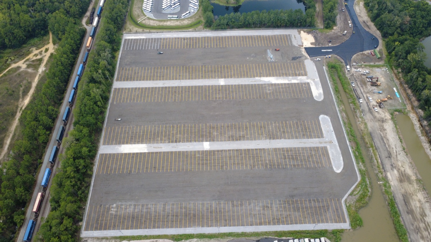 Aerial view of the completed striped parking area at Riggy's Jacksonville - Pritchard Road truck parking lot